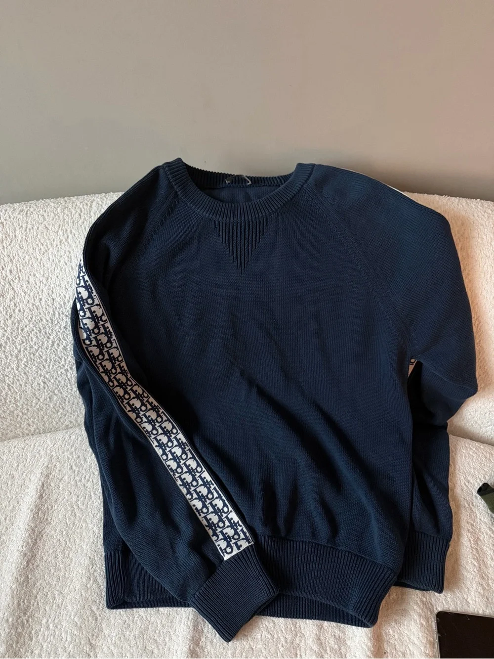 Dior Navy Crewneck Sweater with Monogram Sleeve Tape